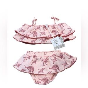 Kate Quinn Pink Dinosaur Double Ruffle Sunsuit. Organic Cotton. Sz. 18-24 mo NWT